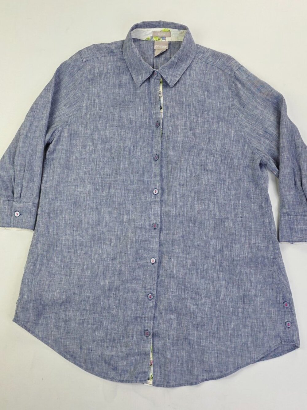 Chico's Blue Linen Non Iron Size 1 (Medium) Women 3/4 Sleeve Spread Collar Shirt